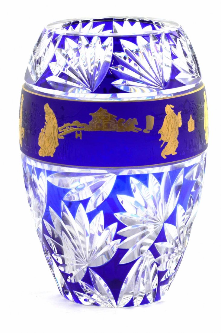 “Flowering Lotus” Crystal Vase by Val St. Lambert: This “Flowering Lotus” Crystal Vase is in Limited Edition for the Ghent Collection by Val St. Lambert. This stunning piece is of the finest quality, with a Cobalt and 24Kt Gold overlay, this vase 