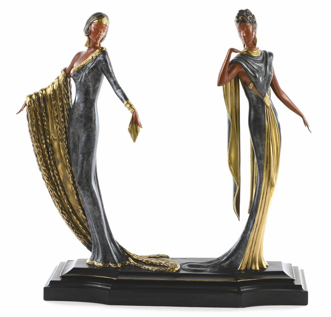 "Duetto" Bronze Sculpture, Signed Romain Erte: This is a Vintage French Signed Erte Bronze Sculpture “Duetto” (1989) Limited Edition 152/500, (Romain (Erte) De Tirtoff (1892 - 1990)). These beautiful Art Nouveau bronze figures are mounted upon