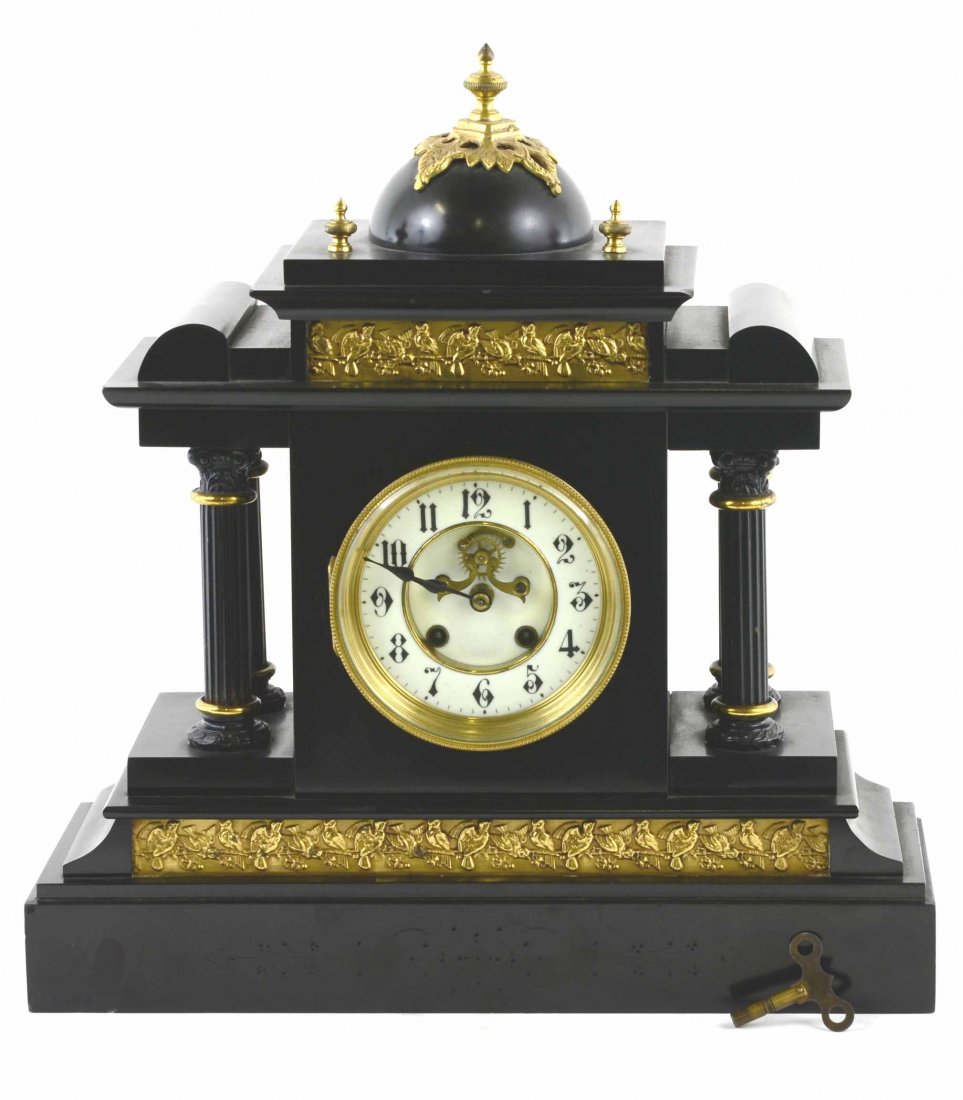 Ornate Black Onyx Mantle Clock w/ Porcelain Face