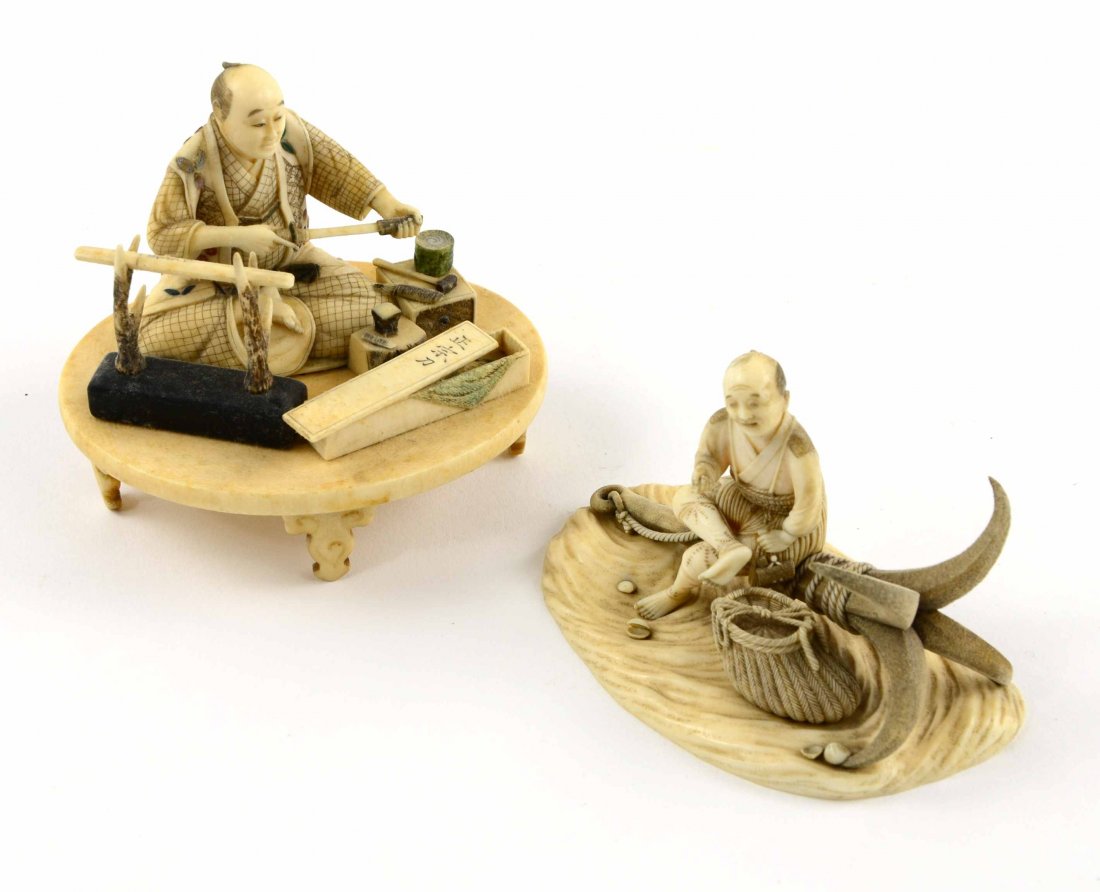 Pair of Signed Japanese Carved Ivory / Bone Figures: This Pair of Antique Carved Ivory / Bone Japanese Tradesmen Figures from the 1920's, includes a rare sword maker at work and a gentleman sitting on a ships anchor. The pieces measure approximately 2��
