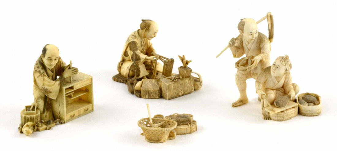 Set of 3 Signed Japanese Carved Ivory / Bone Figures: This Set of 3 Antique Carved Ivory / Bone Japanese Tradesmen Figures from the 1920's, includes a carpenter, a weaver, and a fisherman. All three incredibly ornate figures are signed on the bottom wher