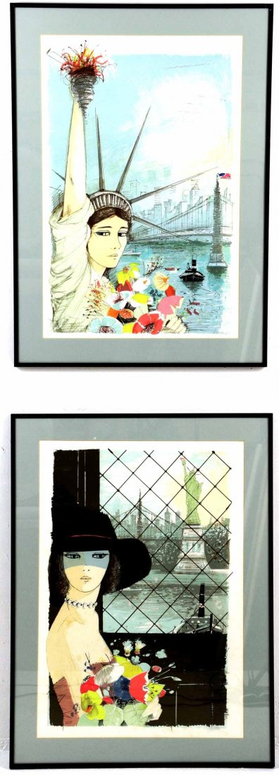 Pair of Signed Lithographs, by Charles Levier: This is a Fine Pair of Original Signed Lithographs by Renowned Listed Artist Charles Levier (1920 -2004). The young lady with the Statue of Liberty in the background is pencil signed and numbered # 2 