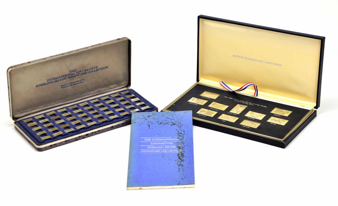 Pair of Franklin Mint Sterling Silver Bars Coll. Set: This is a Vintage Pair of Franklin Mint Sterling Silver Bars Collector Sets, Olympic Postages and Locomotive Train. This lot consists of a 10 piece boxed set of 1980 United States Olympic Postage Stam