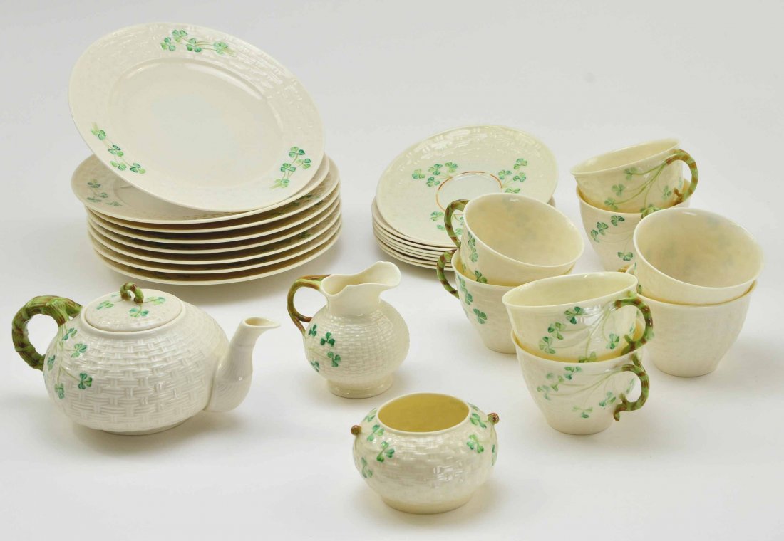 27 Piece Belleek Basket Weave Tea Service for 8: This is a Vintage 27 Piece Belleek Ireland Basket Weave Clover Tea Service for 8. This set is all hallmarked with the 6th green Belleek markings. The tea cup saucers measure approximately 6.15” and