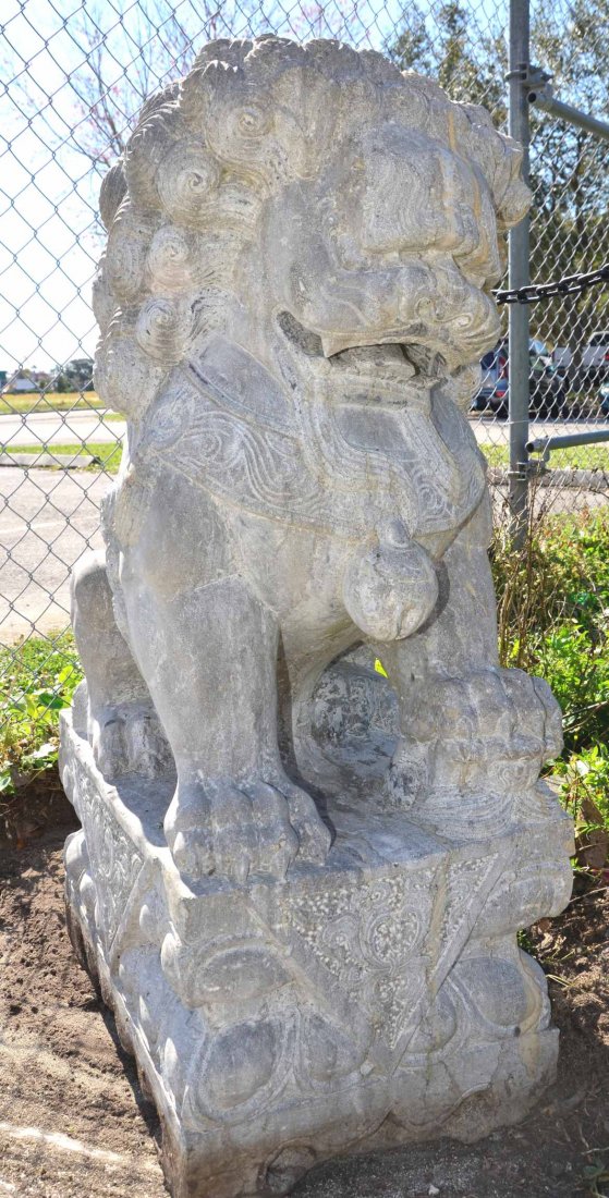 Pair of Solid Granite / Marble Stone Foo Dogs / Lions: This is a pair of very large, very heavy carved stone Foo Dogs. The detail works is amazing, and they are gorgeous. The color striations of the stone are quite nice, and they are in very good conditio