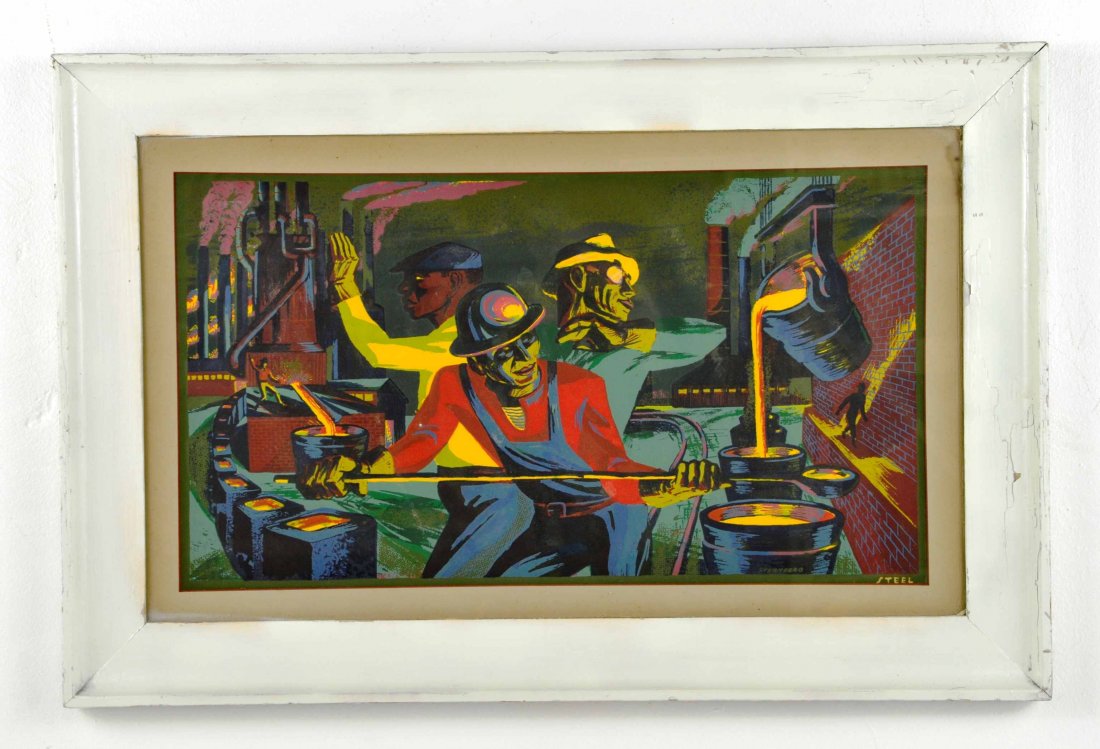 Harry Sternberg, Colorful Woodblock Print Litho "Steel": This vibrantly colored piece is framed and titled “Steel” appears to be a woodblock print by listed artist, Harry Sternberg. It is signed in the lower right corner within the print. The frame show