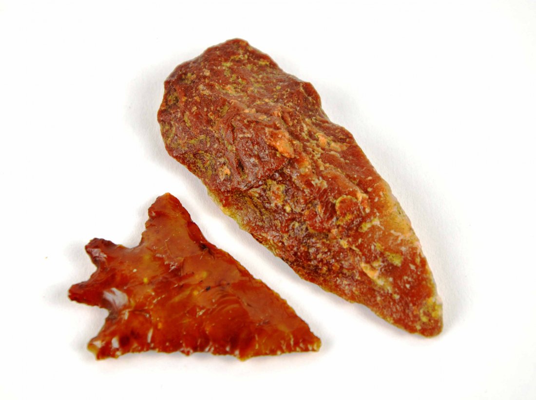 Lot of 2 Semi Translucent Arrowhead Spear Points]: This is a lot of 2 Authentic Semi Translucent Arrowhead Spear Points. The approximate age of these pieces are 2000 - 5000 B.C. Point one is a well made translucent lecroy type spear point, point 2 is 