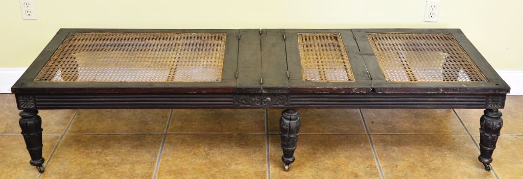 Carved Folding Cane Day Bed Lounger from Display: This is a Lovely Antique Wood Carved Folding Cane Day Bed Lounger from Display at the Dow Museum. This piece is in great antique condition with average wear and some cane holing. The cane backing is v