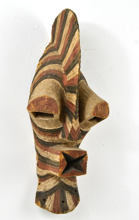 African Songe Kifebwe Carved Wood Mask, Sotheby’s 2000: This is a Vintage African Songe Kifebwe Carved Wood Mask, Sotheby’s 2000, Private Collection. The mask of hollowed oblong form and pierced around the rim for attachment, the protruding pierced squar