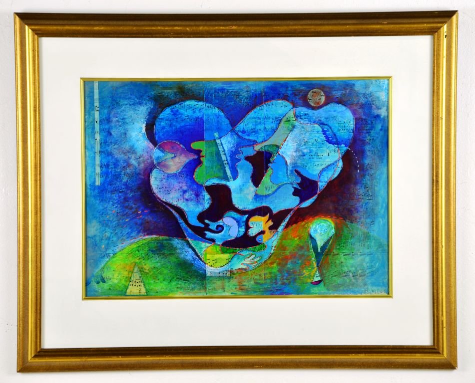 French Musical Abstract Painting by Jean Lancri: This is a Fine French Musical Abstract Mixed Media Painting by Renowned Listed Artist Jean Lancri, ‘91. This framed piece is on paper or sheet music paper measuring approximately 23” x 28.25”, f