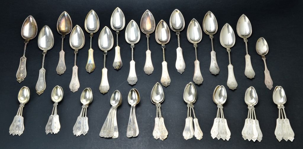 Sterling Silver .800 Collection of Engraved Spoons: This is an Antique Sterling Silver .800 Collection of Engraved Spoons, Kinsey & Co. and Duhme & Co., 39.58 Troy Ounces. These pieces vary in condition, with average wear, tarnish, some with engravings