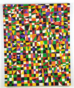 Geometric Painting “NDEBELE” by Goncalo Ivo: This is a Rare Fine Geometric Painting “NDEBELE” by Renowned Listed Artist Goncalo Ivo. This piece is oil on canvas measuring approximately 25.5” x 32”. The piece is signed and titled on the b