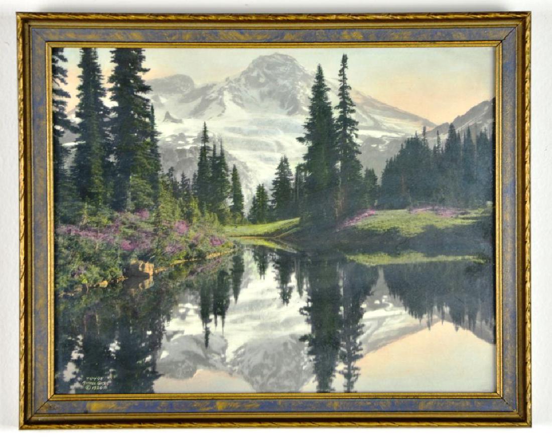 1920 Asahel Curtis Mirror Lake Mt Rainer Tinted Print: This 1920 Asahel Curtis Mirror Lake Mt Rainer #40408 Hand Tinted Photograph Print is in wonderful condition and nicely framed measuring approximately 11” x 9”.Please view the photos, or in person 
