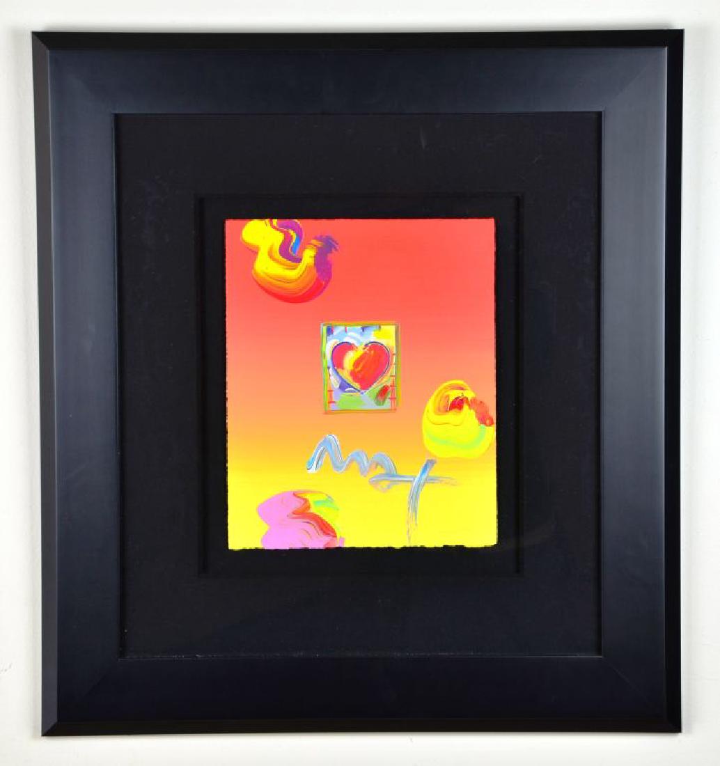 Mixed Media “Heart Series 2006 Ver. I #408” Peter Max: This Original Mixed Media on paper “Heart Series 2006 Ver. I #408” by Renowned Listed Artist Peter Max measures approximately 11” x 9” and is framed measuring approximately 21.5” x 23.5”.
