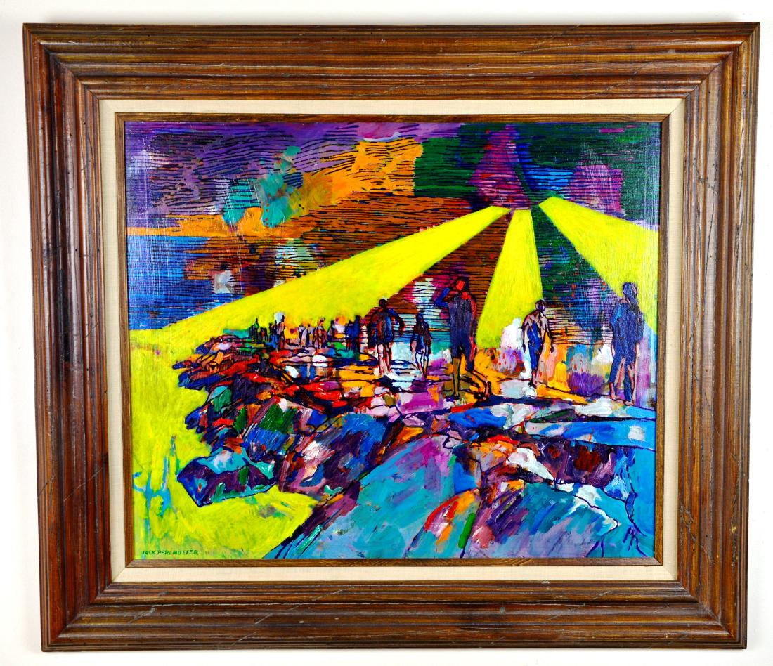 Jack Permutter, Oil on Board Painting "Jetty": This is a very colorful oil on board painting by listed artist Jack Perlmutter. Written on the back side of the board twice is “Jetty”. The board measures 20” x 24” and the overall frame measu