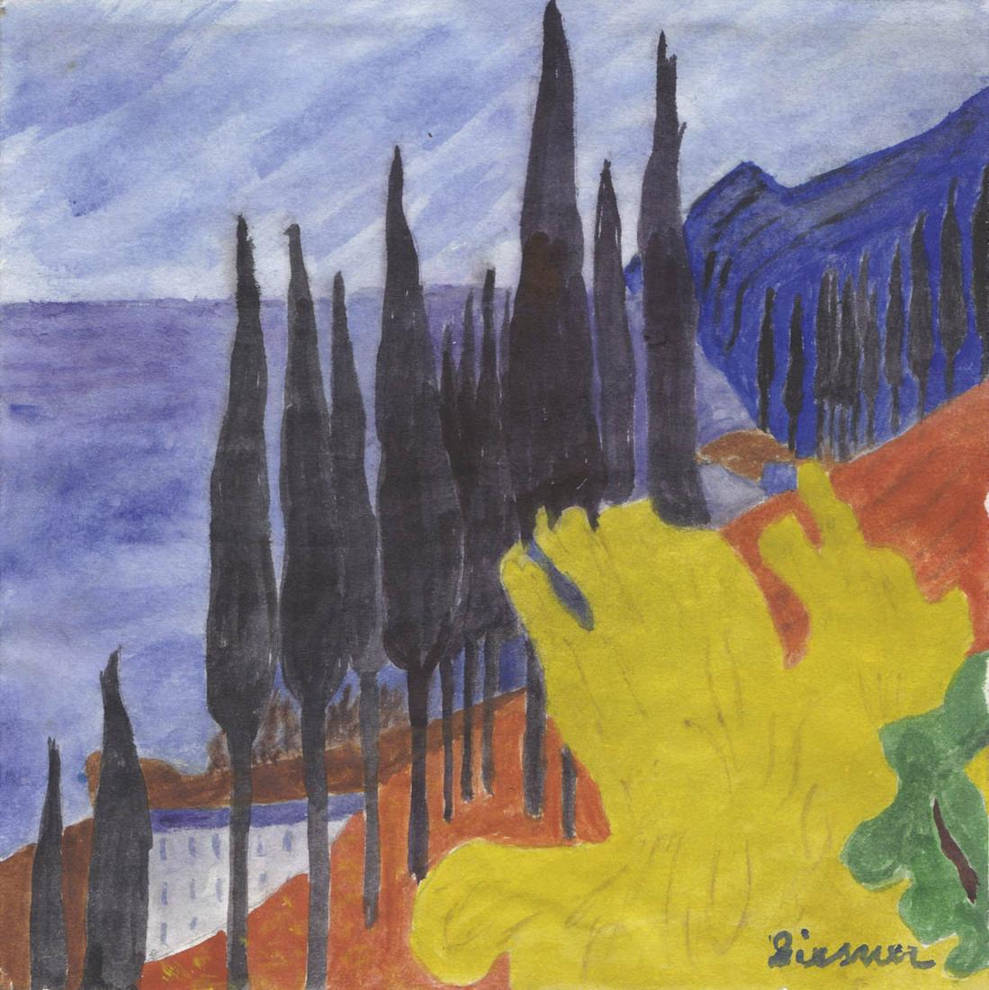 Gerhild Diesner (Innsbruck 1915 â€“ Innsbruck 1995): Zypressen am Gardasee;Aquarell, 17,5 x 17,5 cm, gerahmt Signiert Gutachten Mag. Stefanie Maier-Moser 2020