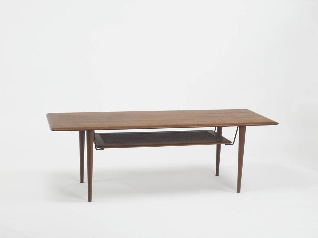 Arne Vodder: Coffee table, 1960sStructure in teak wood, 50 x 54 x 152 cm, "France & Son" production, manufacturer's label, Padding with signs of aging