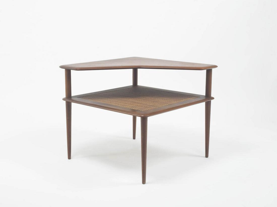 Arne Vodder: Corner coffee table, 1960sStructure in teak wood and rattan, 64 x 76 x 77 cm, "France & Son" production, manufacturer's label, Padding with signs of aging