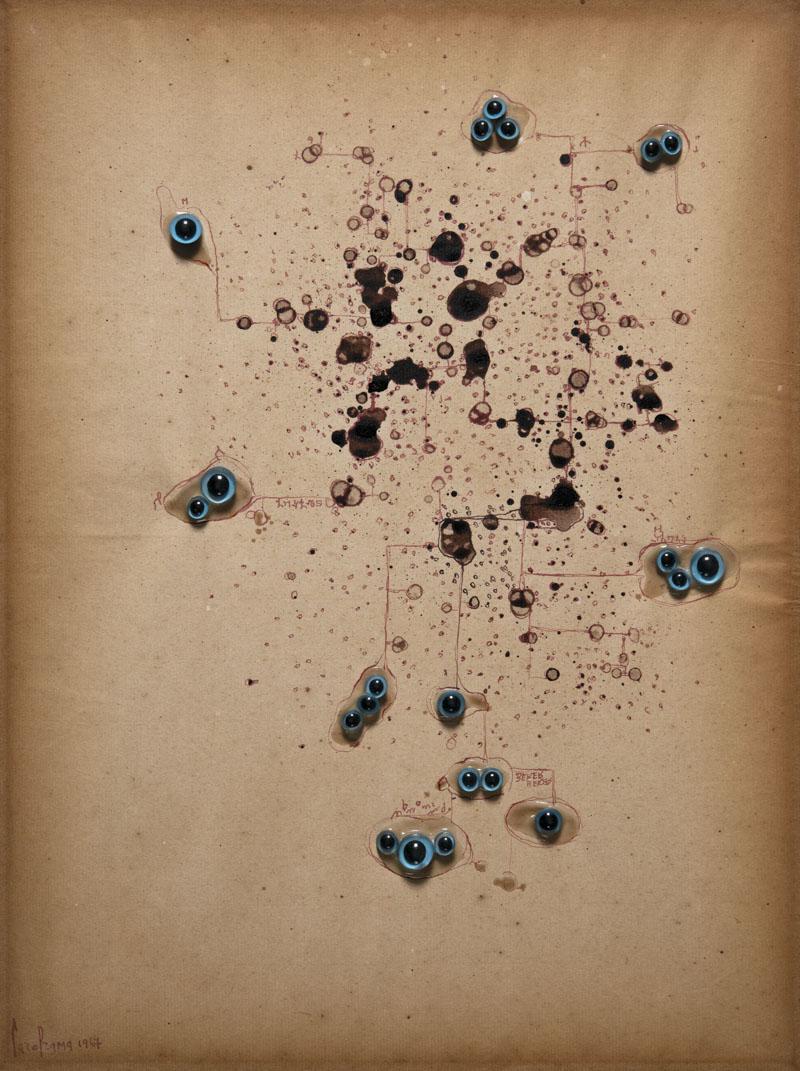 Carol Rama (Turin/Torino 1918 - 2015): Untitled, 1967; Mixed media on paper, 46 x 34,5 cm,slightly blued paper Signature and date The work is accompanied by an authentication on photography by "Archivio Carol RamaTorino" and archive with n
