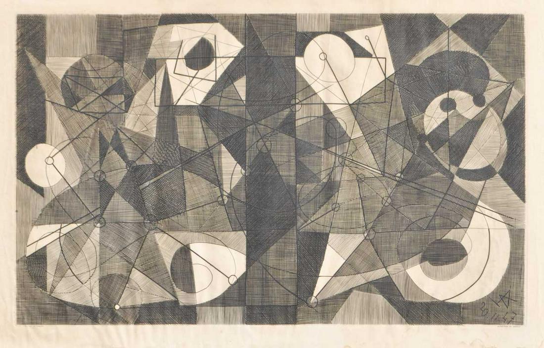 Robert Adams (Northampton 1917 - Great Maplestead, Essex 1984): Composizione, 1941;etching on paper, 30 x 49,5 cm,Bibl.: Catalogo "Mostra Selezione d'arte europea, Casa comunale della cultura, Livorno 15 - 29 maggio 1958 (nr. 1 elenco delle opere) provenance: Pier