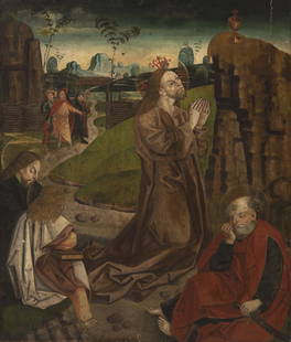 Brixner Maler um 1490 aus dem Umkreis von Hans Klocker: Jesus am Ã–lberg, um 1490;Tempera auf Holz, 103 x 86 cm, restauriert, kleine Retuschen, leichte Farbabsplitterungen, gerahmt Auf der RÃ¼ckseite Malereireste Provenienz: Bozner Privatsammlung Herz