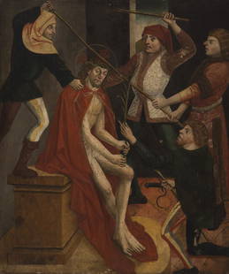 Brixner Maler um 1490 aus dem Umkreis von Hans Klocker: GeiÃŸelung Christi, um 1490;Tempera auf Holz, 103 x 86 cm, restauriert, kleine Retuschen, leichte Farbabsplitterungen, gerahmt Auf der RÃ¼ckseite Malereireste Provenienz: Bozner Privatsammlung Her
