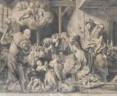 Pieter de Jode nach/da Jacob Jordanes, 17. Jh./XVII sec.: Anbetung der Hirten;Kupferstich, 42 x 51,5 cm, fleckig, gerahmt