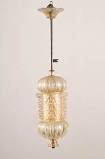 Suspended chandelier Hotel Bristol Merano, 1953/54So-called "Venetian lantern", made of gold glass,: Suspended chandelier Hotel Bristol Merano, 1953/54So-called "Venetian lantern", made of gold glass, h. 38 cm, suspension 37 cm, electrical installation needs to be renewedProvenance: Hotel Bristol auc
