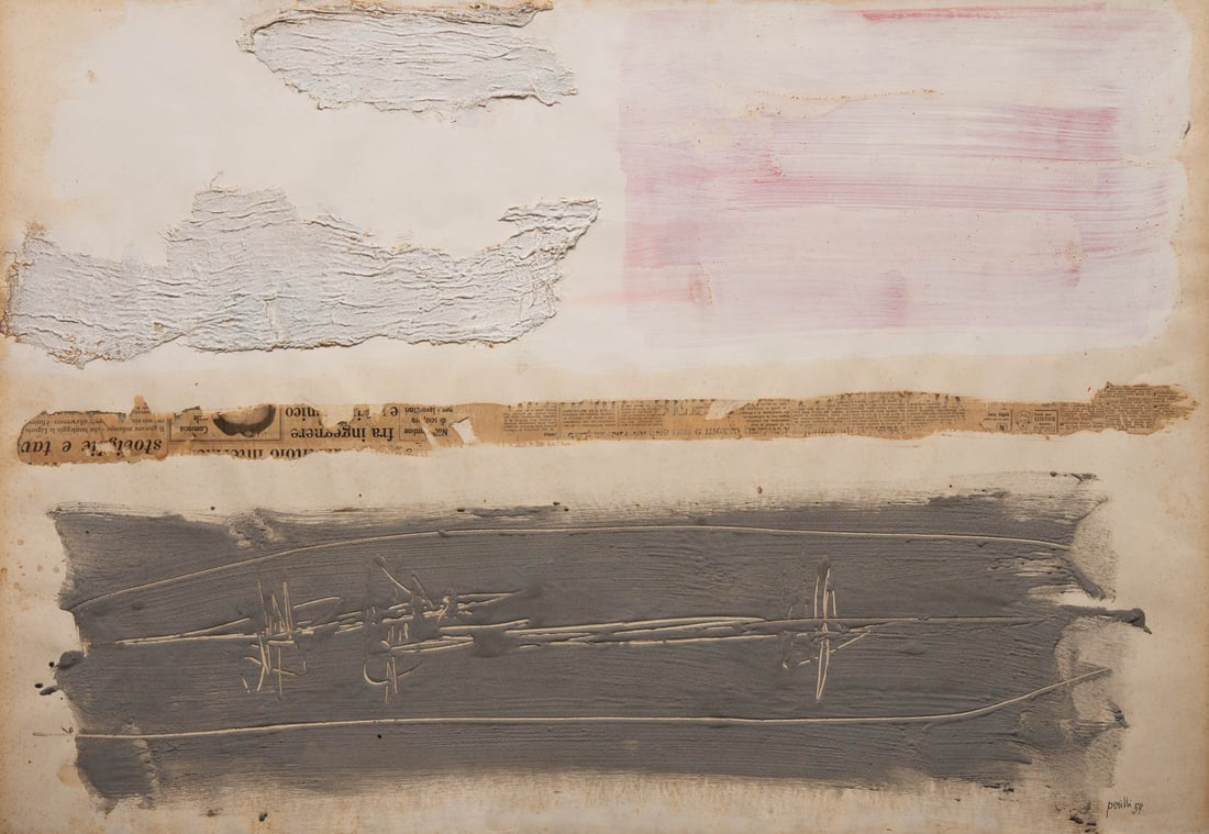 Achille Perilli (Rom/Roma 1927 - Ciconia 2021): Untitled, 1959 - Mixed media on heavy paper, 70 x 100, on the back handwritten inscription ‘Achille Perilli 1959 Vicolo San Nicolò da Tolentino 13 Roma, bottom left stamp “Galleria d'Arte La Tart
