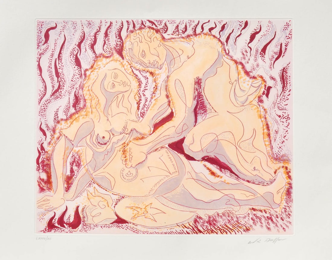 Andre Masson (Balagny-sur-Therain 1896 - Paris/Parigi 1987): Siegfried and Brunhilde, 1973-1979Aquatint col. on paper, 36 x 43.2 cm (plate), 50 x 65 cm (sheet,) embosse stamp ?Crommelynck imprimeurParis,? engraving by Louis Aragon. Les Amants C?l?bresSignature