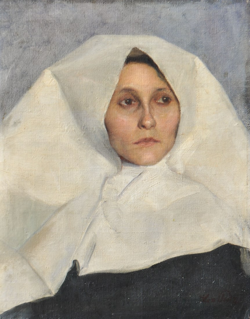 Leo Putz (Meran/Merano 1869 - 1940): Giovane donna con cuffia, 1892 ca.;Olio su tela, 55 x 44 cm, in corniceFirmaBibl.: R. Stein, Leo Putz, Vienna 1974, cat. n. 10, tav. 2; cat."Leo Putz 1869-1940", Kurhaus Meran/Tiroler LandesmuseumFerd