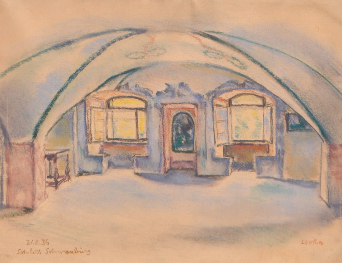 Leo Putz (Meran/Merano 1869 - 1940): Interno di Castel Schwanburg a Nalles, 1936;Pastello, 25 x 31 cm, in corniceFirma, data e titoloBibl.: H. Putz, Leo Putz, catalogo ragionato, Wolnzach 1994, catalogo ragionaton. 2835