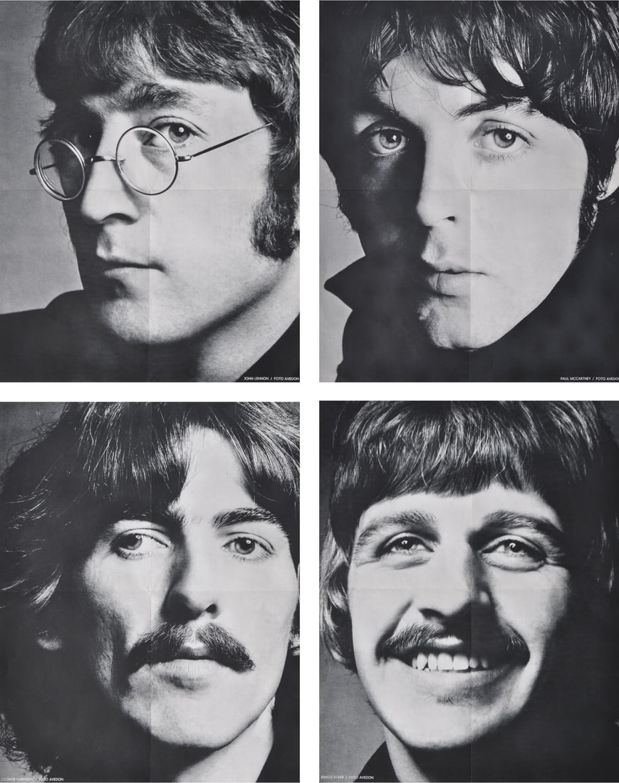 Richard Avedon (1923 - 2004): Portrait of the Beatles, 1967Black and white offset print, folded into four pieces, each 49 x 39.5 cm, portrait of John Lennon, George Harrison, Paul McCartney, and Ringo Starr. Likely an insert from