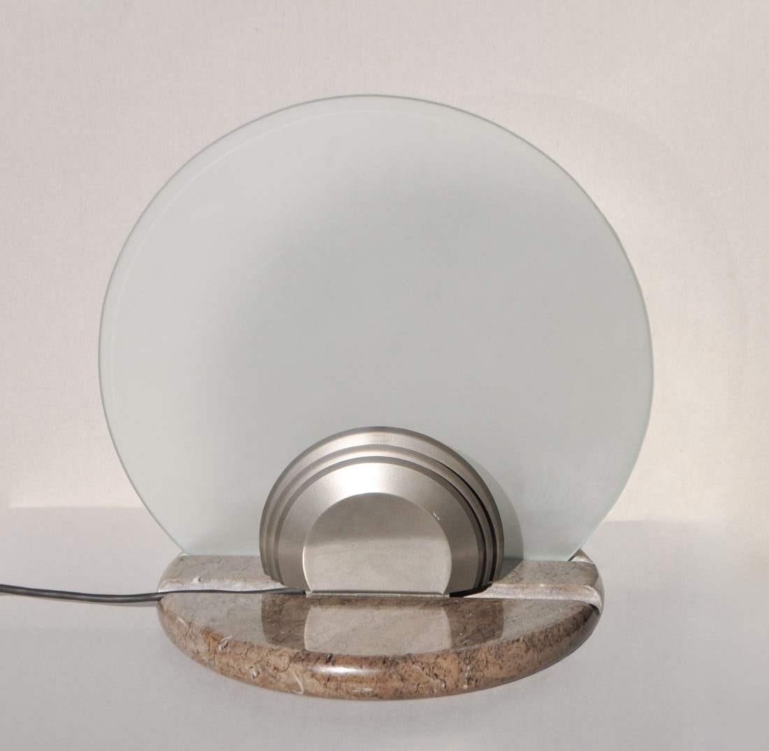 Bruno Gecchelin: Skipper Gong table lamp, 1980sMarble base, metal, opaque glassProvenance: Private collection