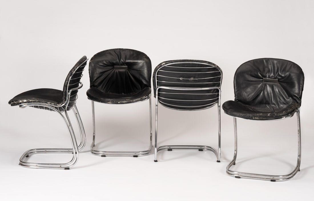 Gastone Rinaldi: 4 Sabrina chairs, 1970sChrome metal frame and leather upholstery,52 X 52 X 83 cmManufactured by Rima, Italy, circa 1970.