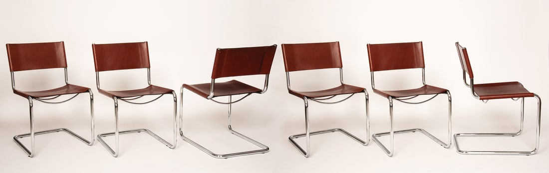 Matteo Grassi (attributed): 6 chairsChrome-plated frame, leather seat and back, h. 80 x 49 x 49 cm, signs of useProvenance: Private collection