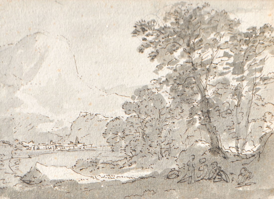 Joseph Anton Koch Umkreis, 18. Jh./cerchia, Settecento: Gebirgige Landschaft mit Stadt im Hintergrund;Tusche laviert, 12,5 x 17,8 cm (Passepartoutausschnitt), leicht fleckig, gerahmt
