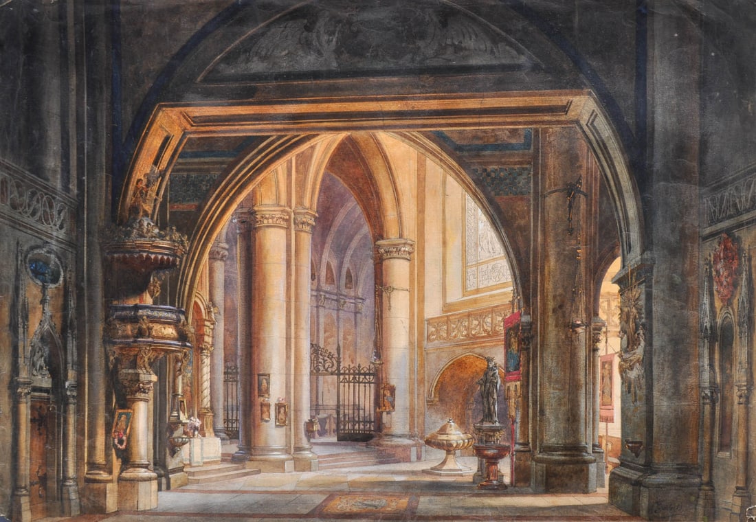 Carl Goebel (Wien/Vienna 1824 - 1899): Inneres einer gotischen Kirche;Aquarell gefirnisst, 41,2 x 59 cm Signiert