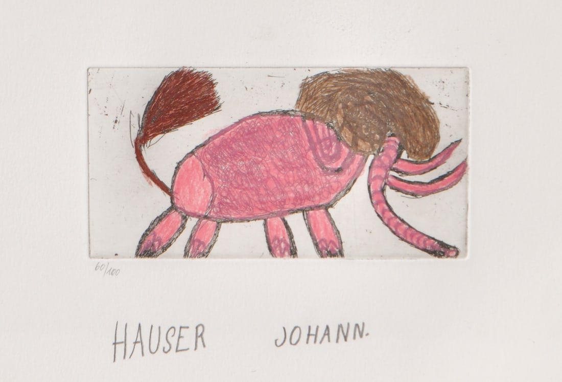 Johann Hauser (Bratislava 1926 - Gugging 1996): Elefant;Radierung, Farbkreide, 7,8 x 16 cm (Platte), 18 x 15,5 cm (Passepartoutausschnitt), gerahmt Handsigniert u. nummeriert (60/100)