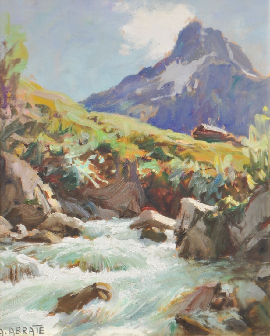 Angelo Abrate (Turin/Torino 1900 - Sallanches 1985): Le torrent Buet à la fonte des neiges, 1962;Öl auf Holz, 41 x 33 cm, gerahmt Signiert, rückseitig betitelt u. datiert