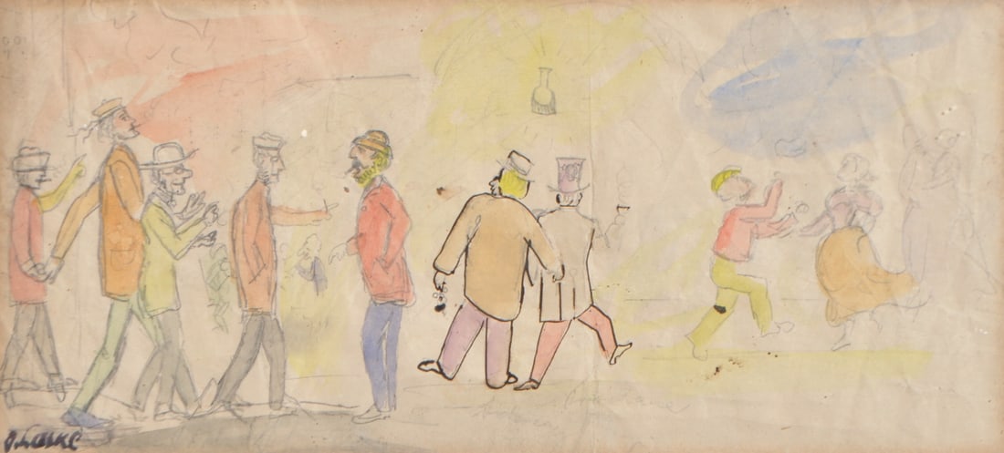 Oskar Laske (Czernowitz, Bukowina 1874 - Wien/Vienna 1951): Gesellschaft beim Feiern;Bleistift u. Aquarell, 15 x 34 cm (innerhalb Passepartout), gerahmt Signiert