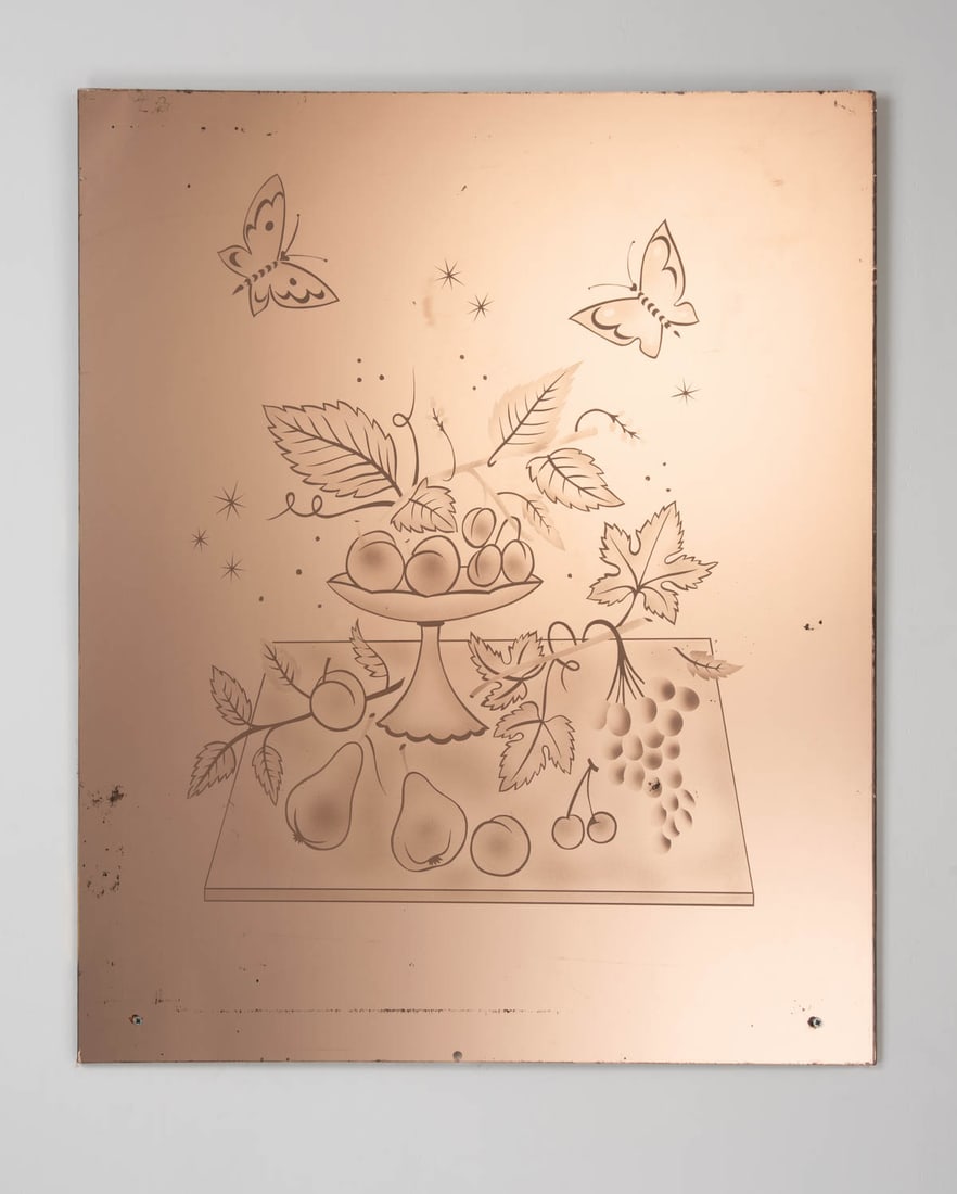 Maffioli Crystal Padova: Mirror from the Hotel Bristol in Merano, 1953/54; engraving with a floral motif (fruit basket with butterflies),83.5 x 90.5 cm, ?Maffioli Crystal Padova? sticker on the back, signs of wearProvenance: 