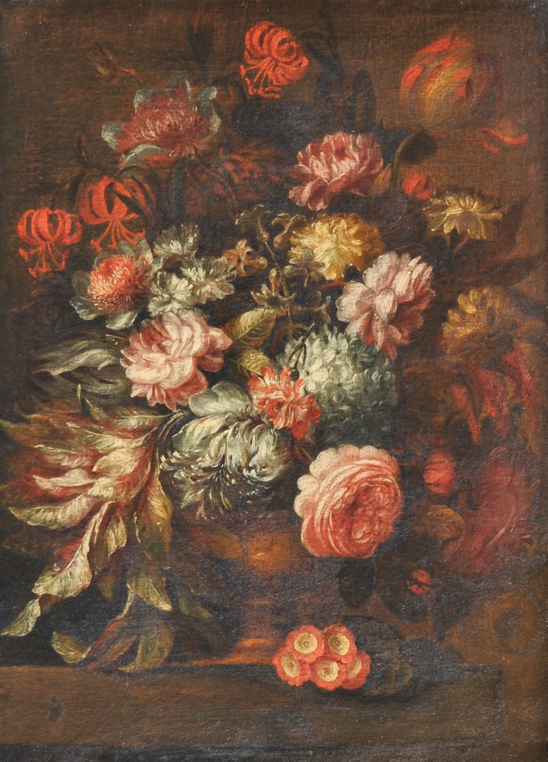 Maler des 18. Jh./Pittore del XVIII secolo: Zwei barocke Blumenstillleben;Öl auf Leinwand, je 74 x 53,5 cm, restauriert, gerahmtProvenienz: Südtiroler Adelsbesitz