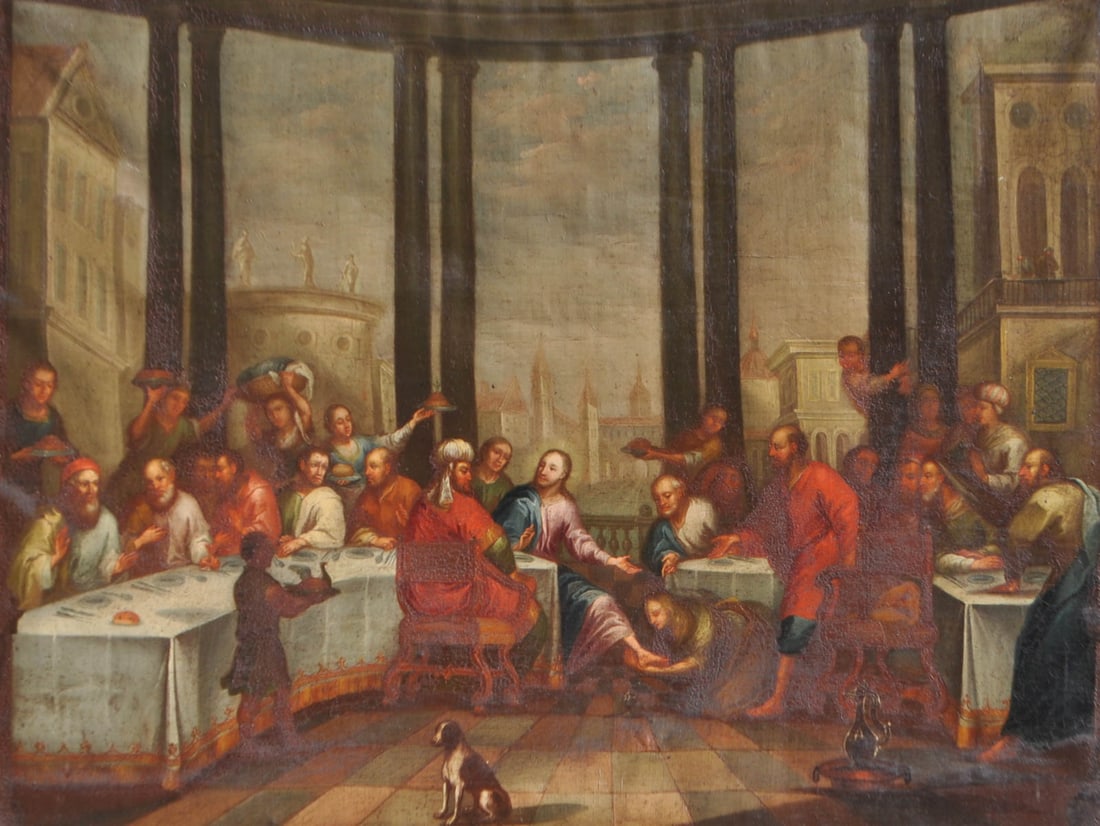 Maler um 1750/Pittore intorno al 1750: Vier neutestamentliche Mahl- und Küchenszenen;Öl auf Leinwand, je ca. 60 x 80 cm, z. T. starkes Craquelé, gerahmtHochzeit zu Kana; Jesus im Haus von Maria und Martha (wohl frei
