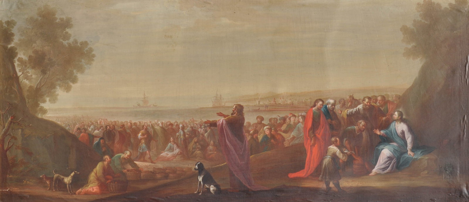 Anton Balthasar Moser (Österreich/Austria 1733 - 1789): Wundersame Brotvermehrung, 1784;Öl auf Leinwand, 65 x 151 cm, Altersschäden, restauriert, gerahmtSigniert u. datiertProvenienz: Südtiroler AdelsbesitzAnton Balthasar Moser (1733 -