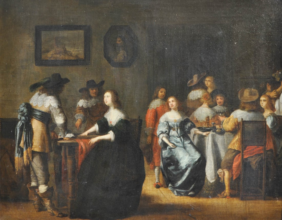 Anthonie Palamedes Nachfolger des 18. Jh. /Seguace del Settecento Compagnia elegante in un interno: Elegante Gesellschaft in Interieur;Öl auf Leinwand, 55,5 x 70 cm, restauriert u. doubliert,gerahmtIn the database of the Netherlands Institute for Art History RKD, I foundthat this painting was