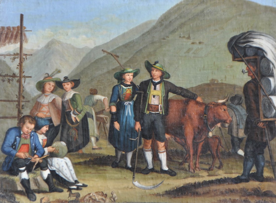 Monogrammist "G V" nach Josef Weger: Hauptcharaktere vom Land Tirol, Grödental, 1820;Öl auf Leinwand auf Karton, 37,5 x 53 cm, gerahmt
