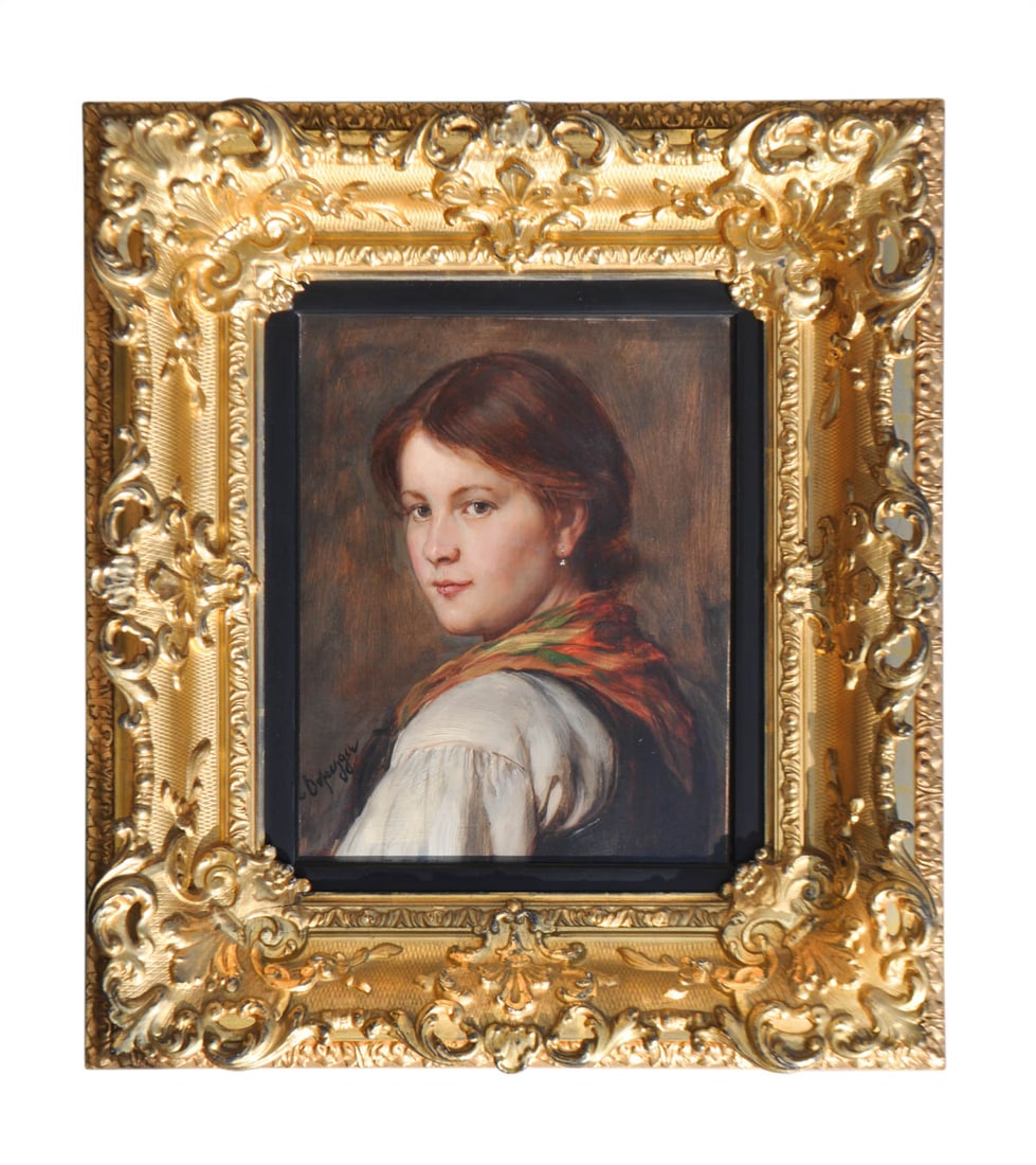 Franz von Defregger (Stronach, Osttirol 1837 - München 1921): Bauernmädchen, 1890er Jahre;Öl auf Holz, 30 x 23,7 cm, zeitgenössischerGoldrahmenSigniert links unten: F. DefreggerLit.: H. P. Defregger, Defregger, Rosenheim1983, Werkverzeichnis S.