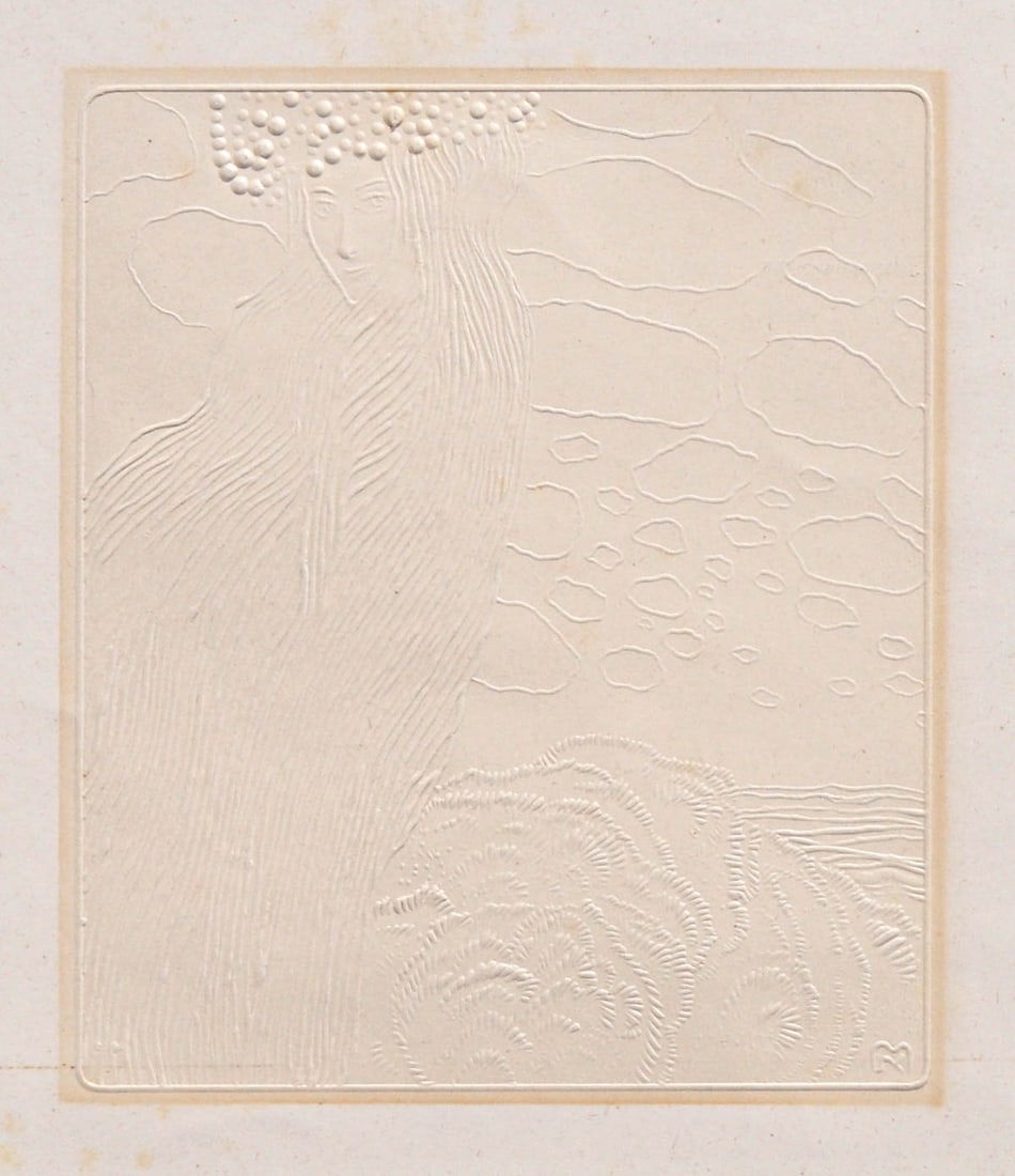 Kolo Moser (Wien/Vienna 1868 - 1918): Taukranz in regenschwerem Haar, 1901;Reliefdruck auf Papier, 14,8 x 12,6 cm (Bild),25,5 x 23,7 cm (Blatt)Aus "Ver Sacrum"