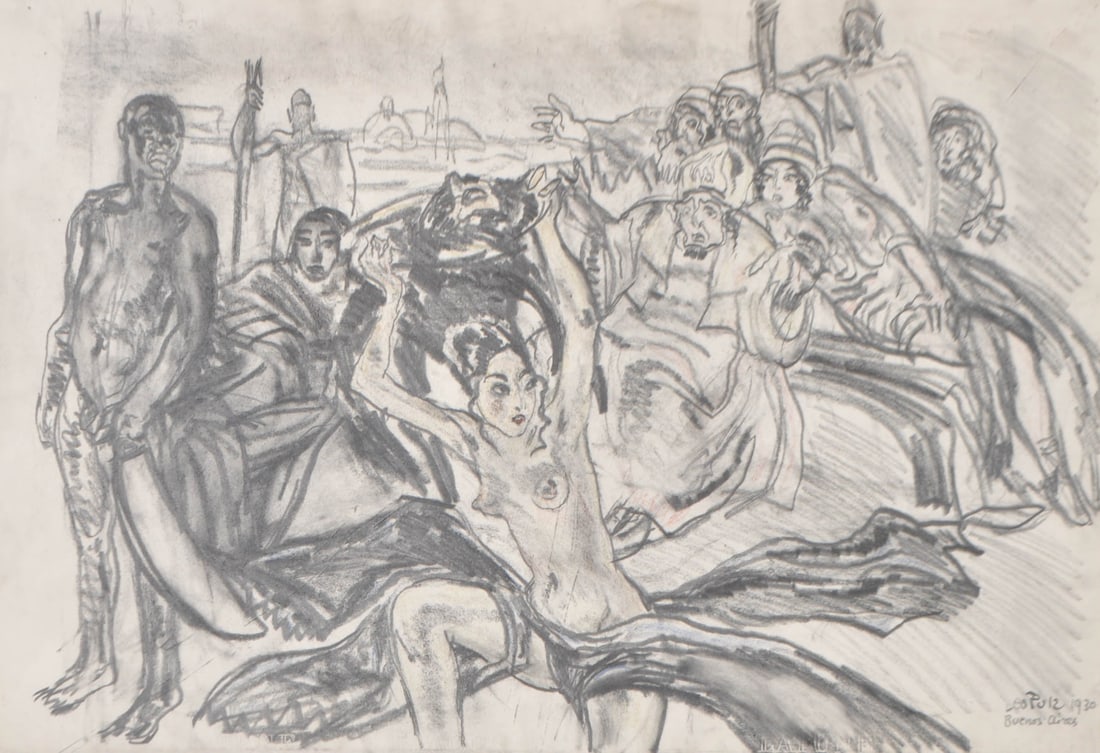Leo Putz (Meran/Merano 1869 - 1940): Salome, Szenebild II, 1930;Carboncino e pastelli su carta, 35,5 x 52 cm, in corniceFirma e data in basso a destra: Leo Putz 1930 Buenos AiresBibl.: H. Putz, Leo Putz, catalogo ragionato, Wolnzach 1994